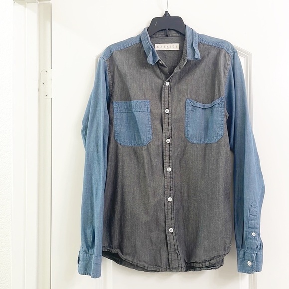 Ezekiel black/blue color block long sleeve button down shirt - Picture 1 of 4